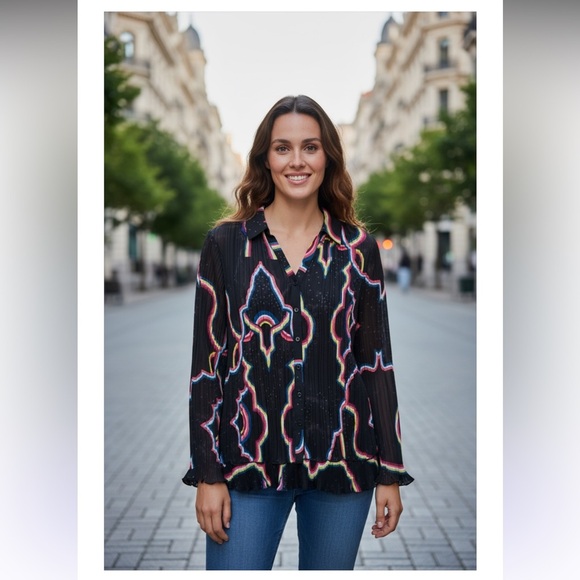 Catherine Malandrino Retro Black Crinkle Button-Down Long Sleeve Blouse … - Picture 12 of 14